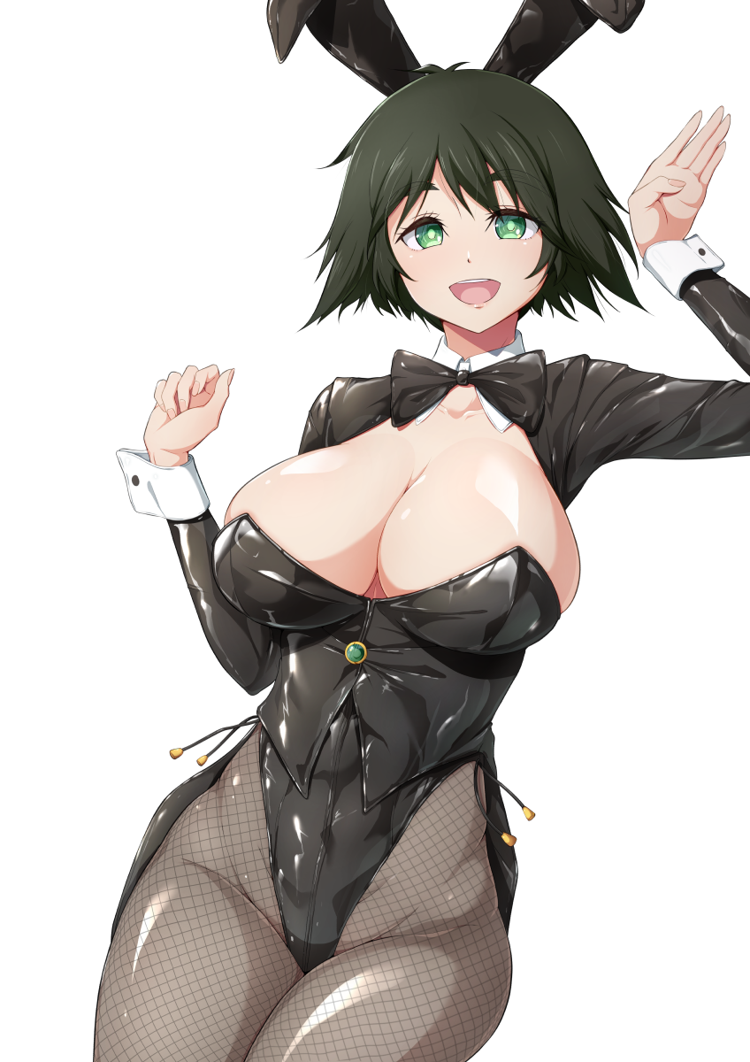 1girl animal_ears black_bow black_bowtie black_hair black_jacket black_leotard bow bowtie breasts cleavage coattails commentary_request commission cowboy_shot detached_collar fishnet_pantyhose fishnets green_eyes grey_pantyhose highres jacket large_breasts leotard looking_at_viewer ocza open_mouth pantyhose playboy_bunny rabbit_ears shiina_mayuri short_hair simple_background smile solo steins;gate tuxedo_jacket white_background wrist_cuffs