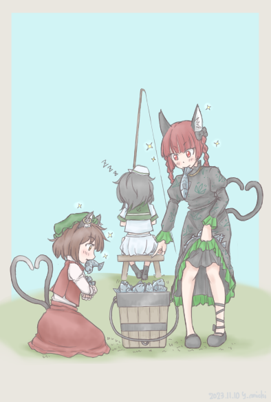 3girls aosiro-michi blue_background braid brown_hair cat_tail chen clothes_lift facing_away fish fishing fishing_rod food_in_mouth from_side green_headwear hat heart heart_tail kaenbyou_rin kneeling mob_cap mouth_hold multiple_girls multiple_tails murasa_minamitsu profile red_eyes red_hair red_skirt red_vest short_hair simple_background skirt skirt_lift skirt_set sparkle tail touhou twin_braids two_tails vest zzz