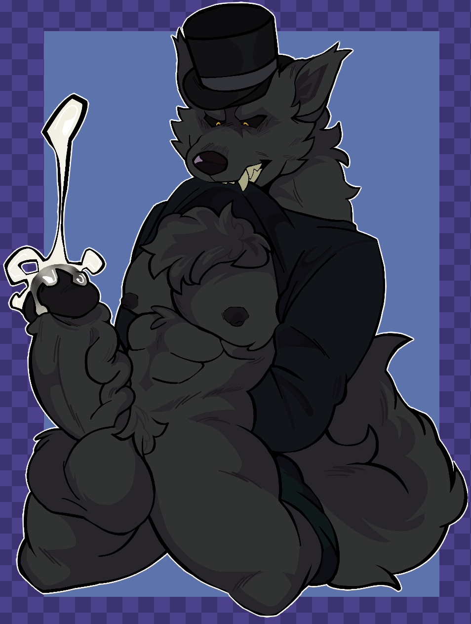 anthro black_body bodily_fluids canid canine clothing codybearbear cum ejaculation genital_fluids hat headgear headwear hi_res hyper male mammal nipples solo suit top_hat were werecanid werecanine werewolf