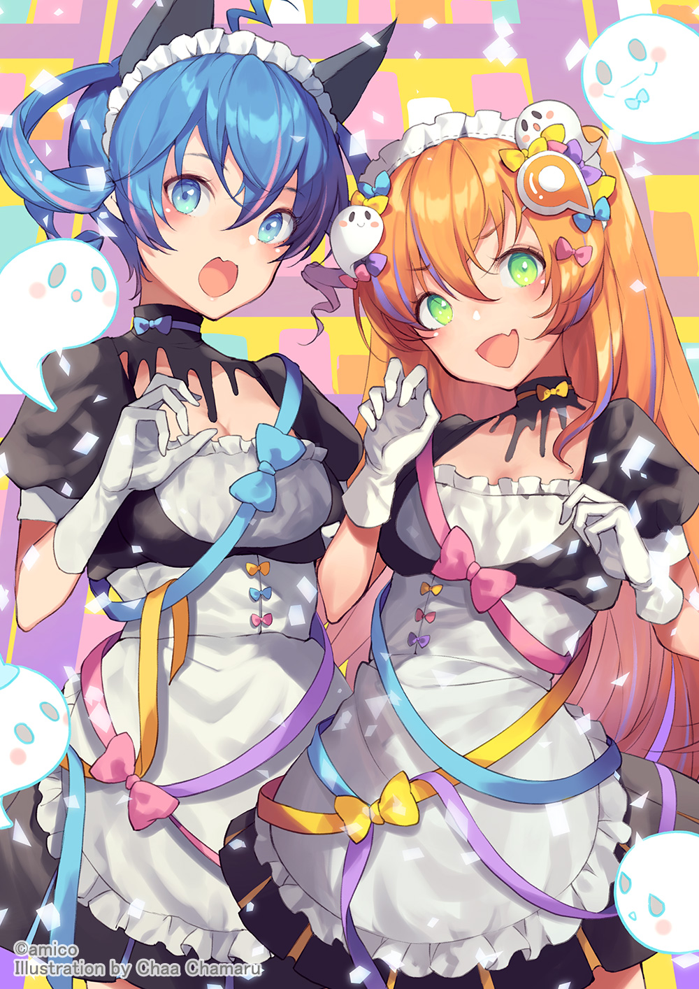 2girls amiami_(company) amico animal_ears apron black_dress blue_eyes blue_hair blush confetti dress fang frilled_apron frills ghost gloves green_eyes hair_between_eyes hair_ornament highres lilco long_hair looking_at_viewer maid_headdress multicolored_hair multiple_girls official_art open_mouth short_twintails skin_fang streaked_hair streamers twintails very_long_hair waist_apron white_apron white_gloves yumekui