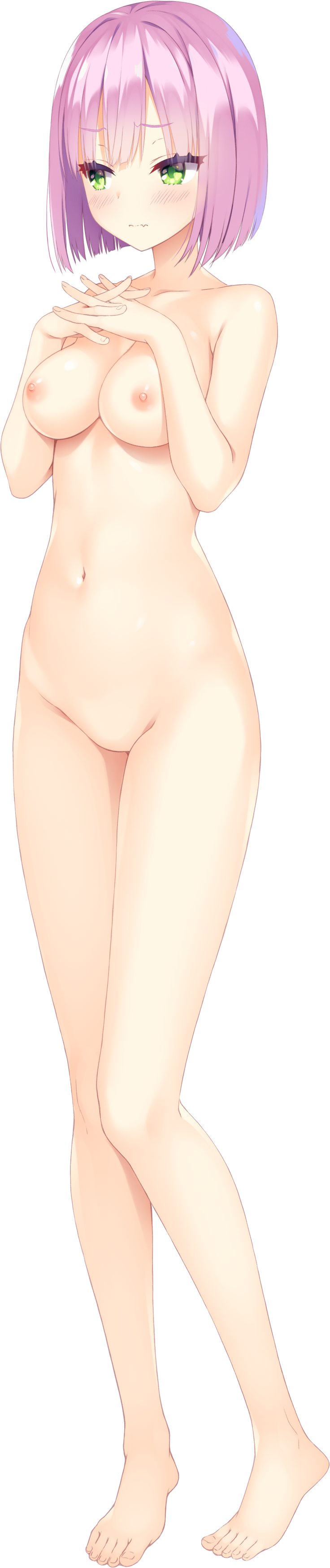 1girl absurdres barefoot blush bob_cut breasts full_body green_eyes highres interlocked_fingers medium_breasts muririn navel nipples no_pussy non-web_source official_art own_hands_together photoshop_(medium) pink_hair short_hair solo standing tachi-e tall_image tenshi_souzou transparent_background