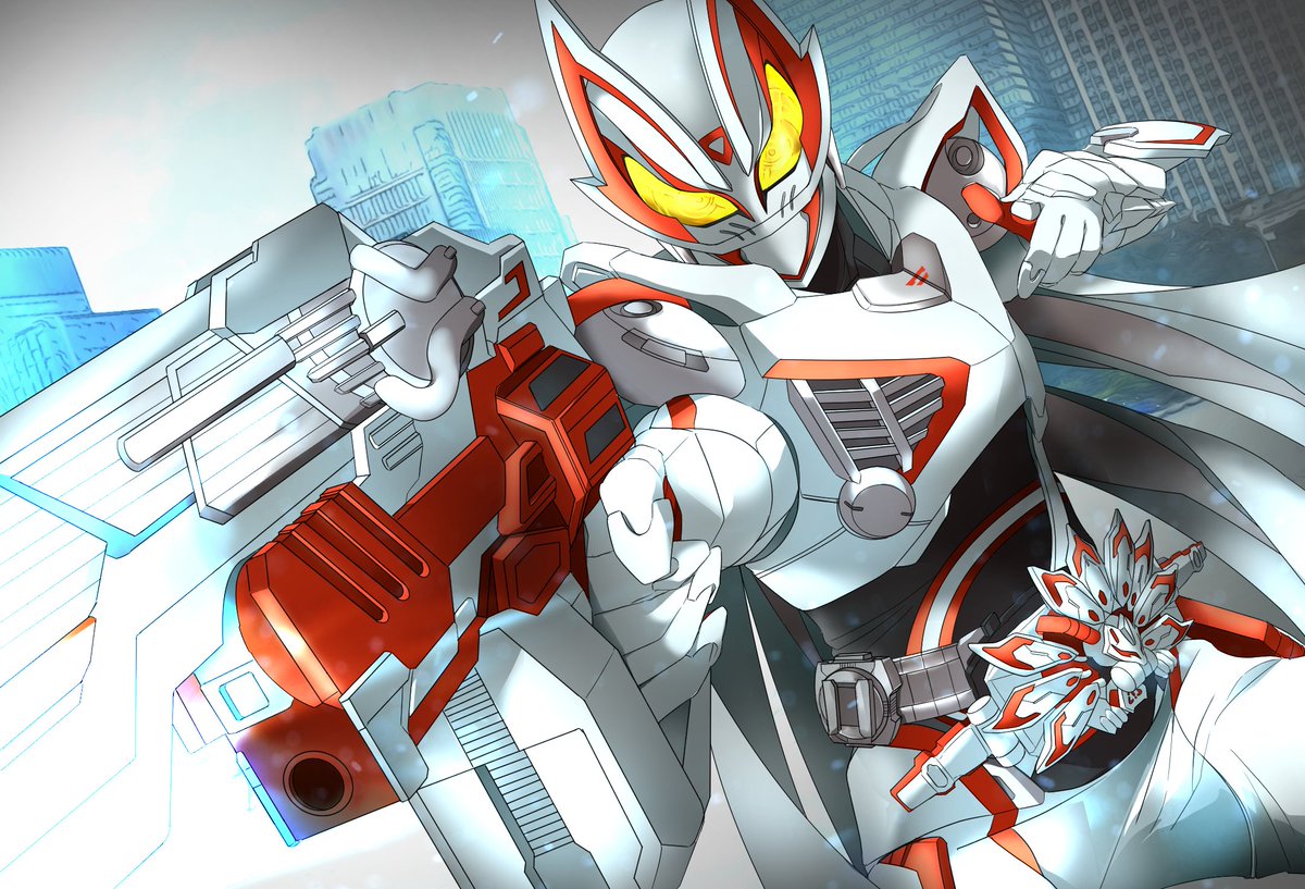 1boy aiming_at_viewer armor bodysuit cape city cityscape commentary driver_(kamen_rider) flaming_eye fox_mask geats_buster_qb9 glowing glowing_eyes gunblade helmet holding holding_sword holding_weapon kamen_rider kamen_rider_geats kamen_rider_geats_(series) kamen_rider_geats_ix light_particles male_focus mask miyabi_(037) solo sword weapon yellow_eyes