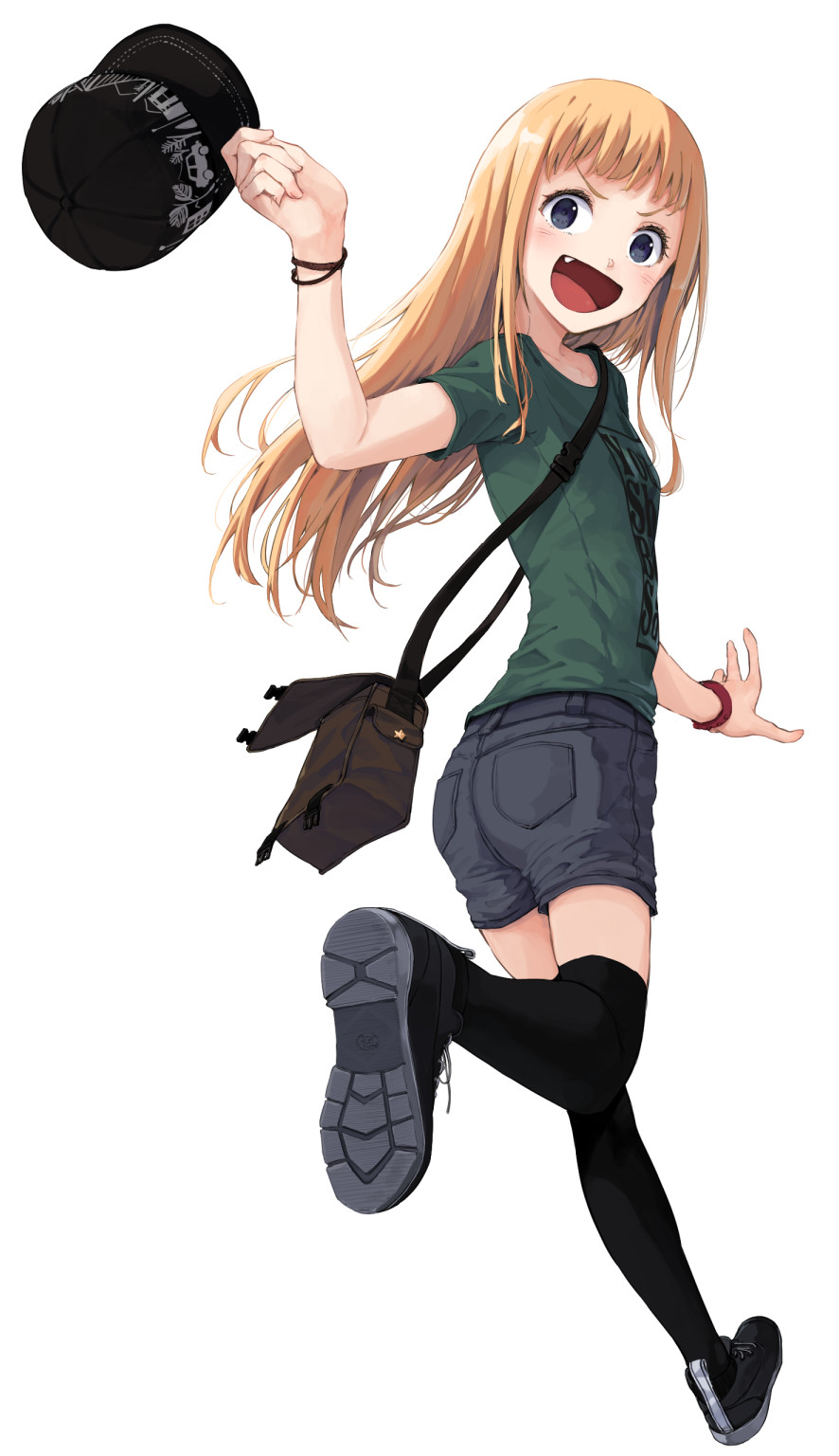 1girl :d ass bag baseball_cap black_headwear black_thighhighs blonde_hair bracelet clothes_writing fang floating_hair from_side green_shirt hat highres holding holding_clothes holding_hat jewelry long_hair looking_back open_mouth original purple_eyes ryuunosuke_(luckyneco) shirt shoes shorts shoulder_bag simple_background smile sneakers solo t-shirt thighhighs v-shaped_eyebrows white_background