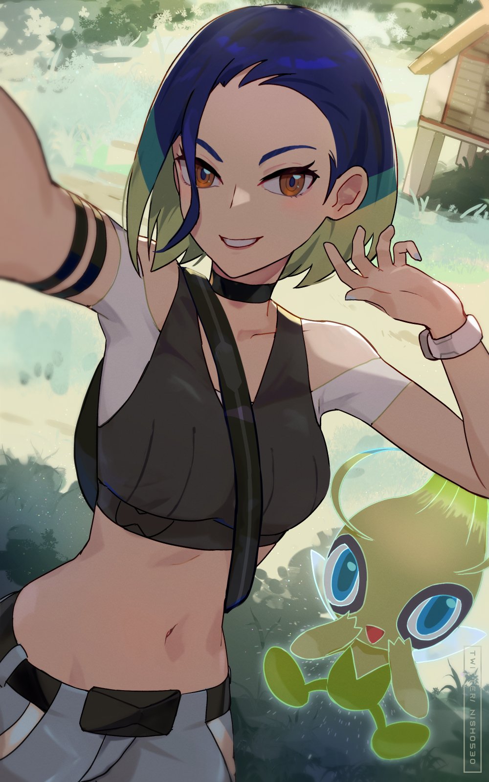 1girl bare_shoulders between_breasts black_choker black_shirt black_sports_bra blue_eyes blue_hair bob_cut breasts brown_eyes celebi choker collarbone crop_top denim fairy_wings flying grey_shirt grey_sports_bra highres hsin jeans loose_hair_strand medium_breasts midriff navel pants perrin_(pokemon) pokemon pokemon_(creature) pokemon_(game) pokemon_sv ribbed_shirt selfie shirt sleeveless sleeveless_shirt sports_bra strap_between_breasts undershirt v-neck watch wings wristwatch