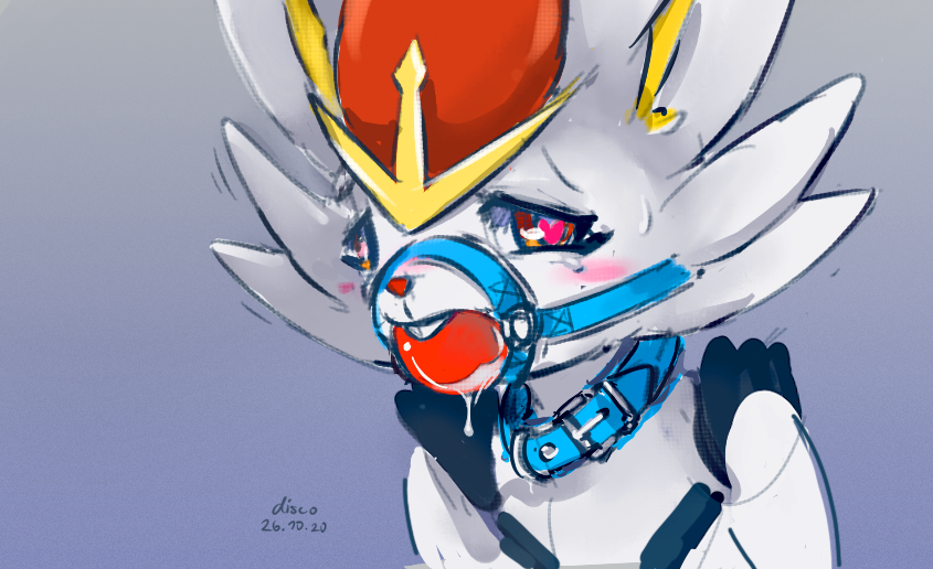 &lt;3 &lt;3_eyes ambiguous_gender anthro aroused aroused_face ball_gag blue_collar blue_markings blush bodily_fluids cinderace collar dated discocci dripping drooling fur gag gagged gagged_drooling generation_8_pokemon gradient_background grey_background harness harness_ball_gag harness_gag lagomorph looking_at_viewer mammal markings muzzle_(object) nintendo number orange_eyes pokemon pokemon_(species) red_ball_gag red_nose saliva saliva_drip saliva_string signature simple_background solo text white_body white_fur yellow_inner_ear