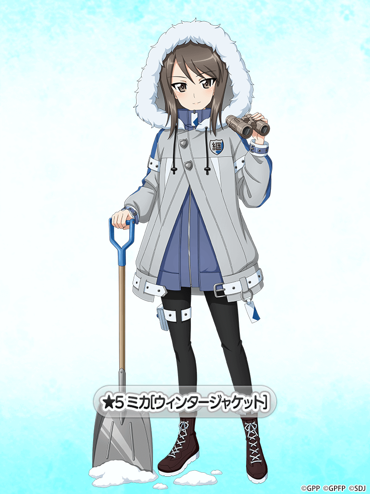 1girl binoculars black_footwear black_pantyhose blue_background blue_dress boots brown_eyes brown_hair character_name closed_mouth coat commentary_request cross-laced_footwear drawstring dress emblem full_body fur-trimmed_hood fur_trim girls_und_panzer girls_und_panzer_senshadou_daisakusen! grey_coat holding holding_binoculars holding_shovel hood hood_up hooded_coat keizoku_(emblem) lace-up_boots long_hair long_sleeves looking_at_viewer mika_(girls_und_panzer) official_alternate_costume official_art pantyhose short_dress shovel smile snow_shovel solo standing star_(symbol) thigh_strap translated watermark