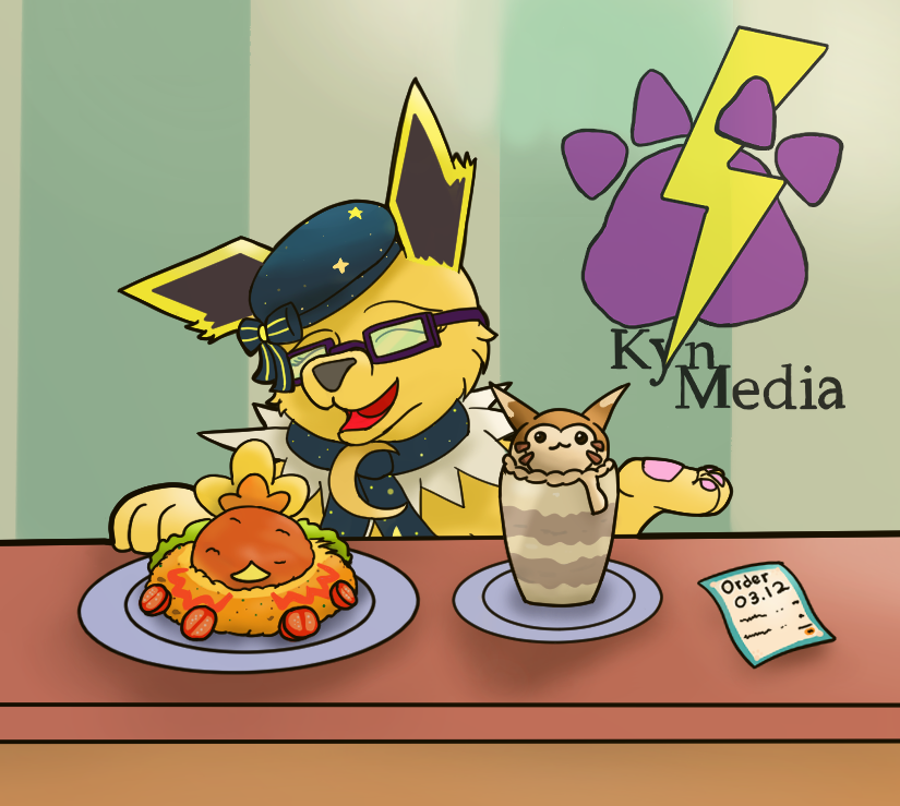 clothing eeveelution eyewear female feral food fur furret generation_1_pokemon generation_2_pokemon generation_3_pokemon glasses hat headgear headwear jolteon kynmedia nintendo pawpads pokemon pokemon_(species) pokemon_cafe_mix scarf solo torchic yellow_body yellow_fur