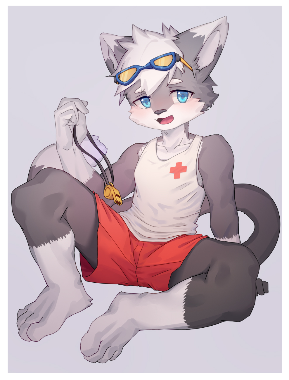 anthro blue_eyes bottomwear clothing domestic_cat eyewear felid feline felis goggles grey_body hair hi_res lifeguard looking_at_viewer male mammal multicolored_body open_mouth shirt shorts sitting solo tank_top topwear toye2004 whistle young