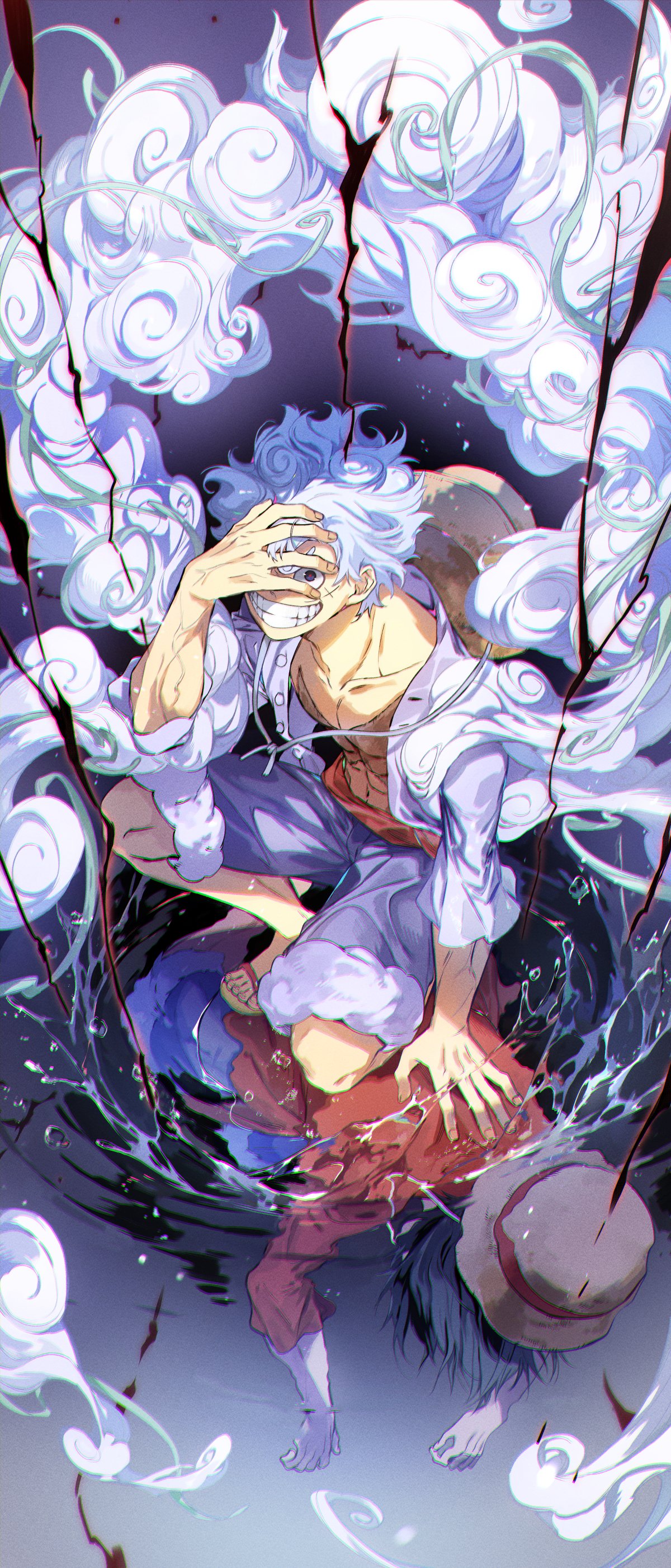 2boys abs absurdres afloat alternate_form aura blue_shorts buttons chromatic_aberration collarbone corpse crazy_smile curly_eyebrows death dual_persona fingernails full_body gear_fifth grey_hair grin haki hand_on_own_face hand_up hat hat_on_back highres looking_at_viewer male_focus medium_hair monkey_d._luffy multiple_boys oboro_keisuke on_one_knee one_piece open_clothes open_shirt pectorals peeking_through_fingers purple_shorts red_shirt sandals scar scar_on_cheek scar_on_chest scar_on_face shirt shorts smile spoilers steam stomach straw_hat teeth toes toned toned_male unbuttoned v-shaped_eyebrows veins veiny_arms water white_shirt