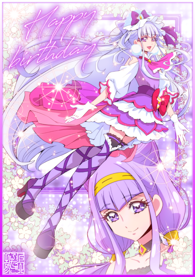 1girl artist_logo ascot bare_shoulders black_choker boots border choker commentary_request cure_amour dress earrings eyelashes flower gloves hair_ornament happy happy_birthday high_heel_boots high_heels hugtto!_precure jewelry kamikita_futago long_hair looking_at_viewer magical_girl pom_pom_(clothes) pom_pom_earrings precure purple_ascot purple_border purple_dress purple_eyes purple_hair purple_theme purple_thighhighs ruru_amour signature smile solo thighhighs thighs upper_body white_gloves