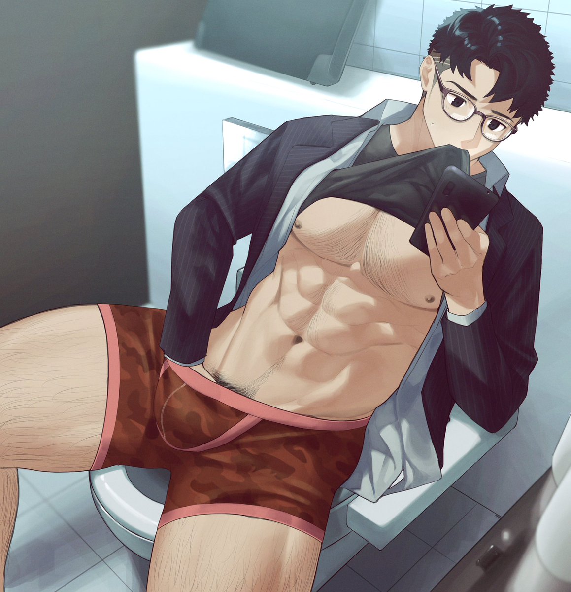 1boy abs bad_id bad_twitter_id bara bare_pectorals boxers bulge chest_hair clothes_in_mouth feet_out_of_frame from_above glasses goburin_second hand_in_underwear hand_under_clothes highres holding holding_phone large_pectorals leg_hair lifted_by_self long_sideburns male_focus male_masturbation male_pubic_hair male_underwear manspreading masturbation mature_male mouth_hold muscular muscular_male navel navel_hair nipples no_pants original paid_reward_available pectorals phone pubic_hair red_male_underwear shirt_in_mouth short_hair sideburns sitting solo sparse_navel_hair stomach thick_thighs thighs toilet undercut underwear