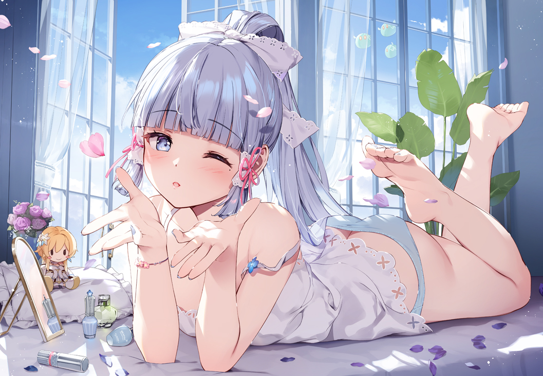 1girl :o ass barefoot blue_panties blue_sky blunt_bangs blush bottle butt_crack camisole character_doll cloud commentary_request curtains day doll feet flower genshin_impact grey_eyes grey_hair hair_ribbon indoors kamisato_ayaka leaf long_hair looking_at_viewer lumine_(genshin_impact) lying mirror miyase_mahiro mole mole_under_eye on_stomach one_eye_closed panties perfume_bottle petals ponytail purple_flower purple_rose ribbon rose sky solo the_pose toes underwear white_camisole window