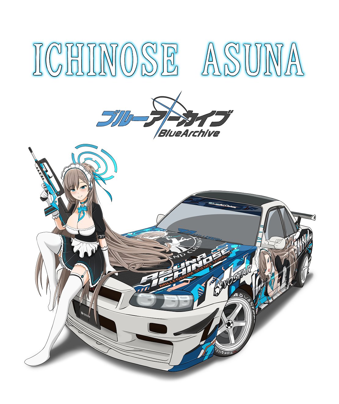 1girl apron assault_rifle asuna_(blue_archive) black_dress blue_archive breasts bullpup character_name cleavage copyright_name dress famas garter_straps gun halo head_tilt highres holding holding_gun holding_weapon itasha maid maid_headdress medium_breasts nissan nissan_skyline nissan_skyline_r34 rifle shadow sitting solo spoiler_(automobile) thighhighs vehicle_focus weapon white_apron white_background white_thighhighs yukari_gohan_(yukar1bp5a)