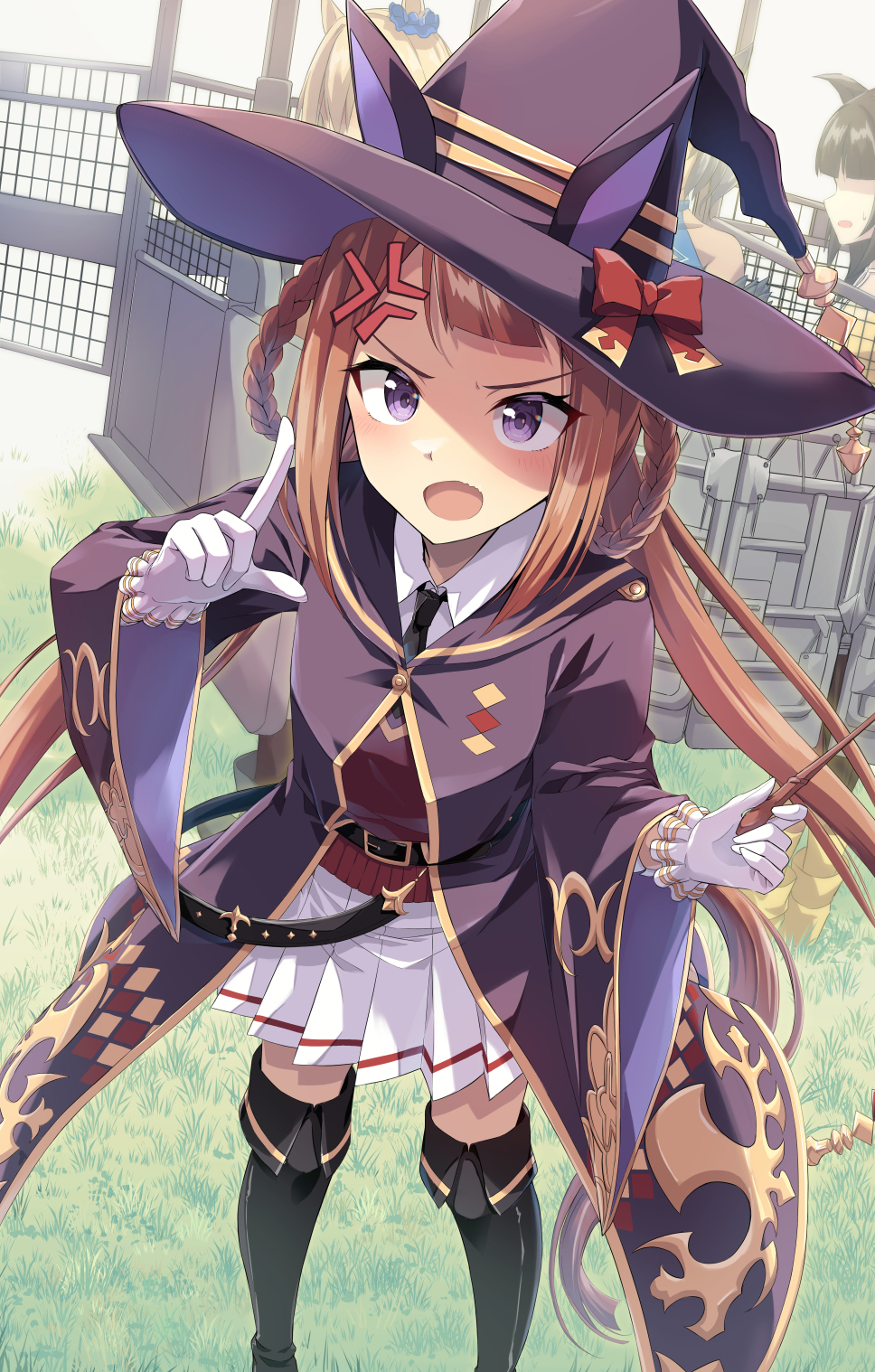 1girl anger_vein animal_ears belt boots breasts brown_hair gate gloves grass hair_rings hat highres horse_girl looking_at_viewer murasaki_himuro necktie pointing purple_eyes shaded_face small_breasts solo solo_focus sweep_tosho_(umamusume) thigh_boots twintails umamusume wand witch_hat