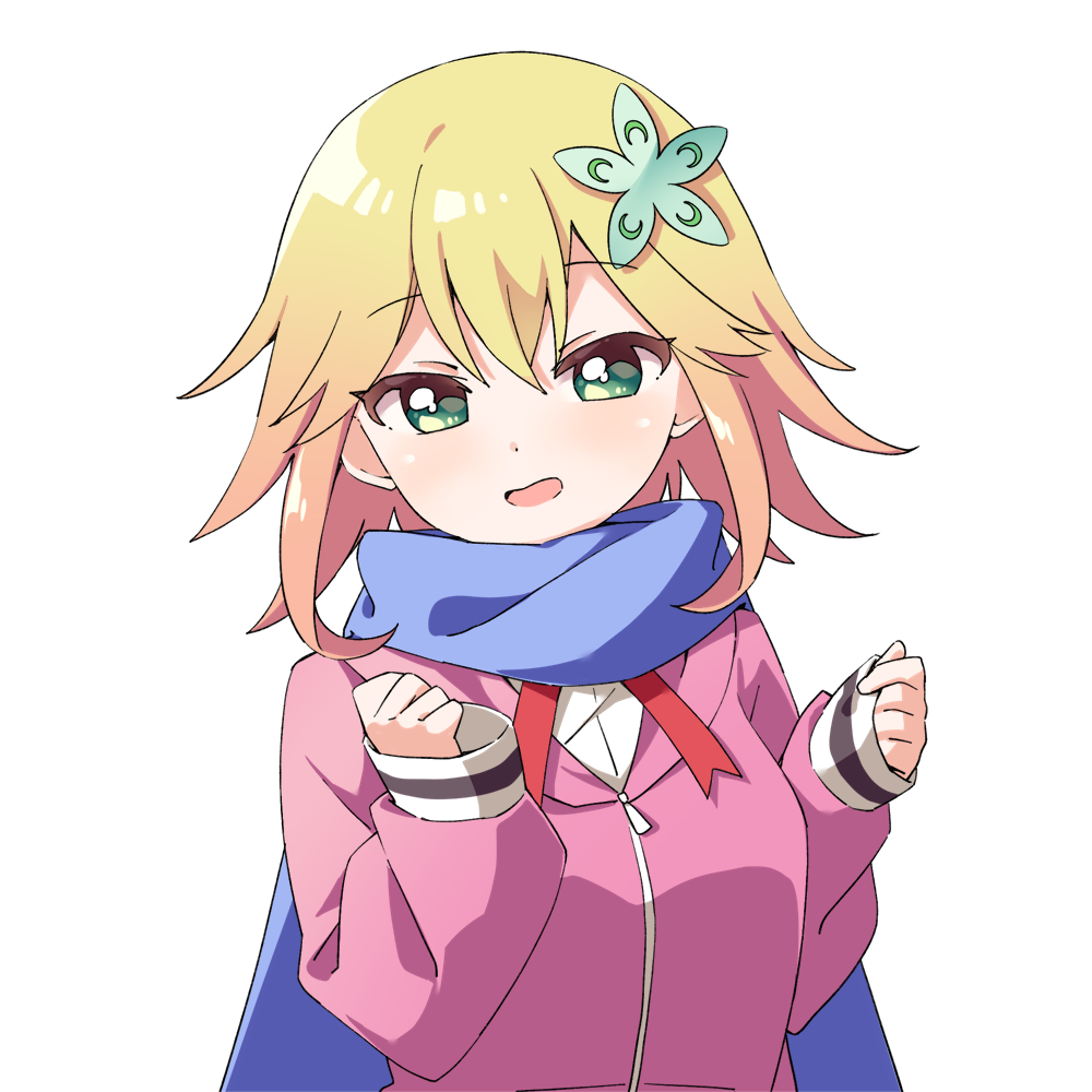 1girl :d blonde_hair blue_scarf commentary commission gabriel_dropout green_eyes hair_between_eyes hair_ornament haru_(konomi_150) jacket long_sleeves looking_at_viewer open_mouth pink_jacket pixiv_commission scarf short_hair simple_background sleeves_past_wrists smile solo tapris_chisaki_sugarbell upper_body white_background