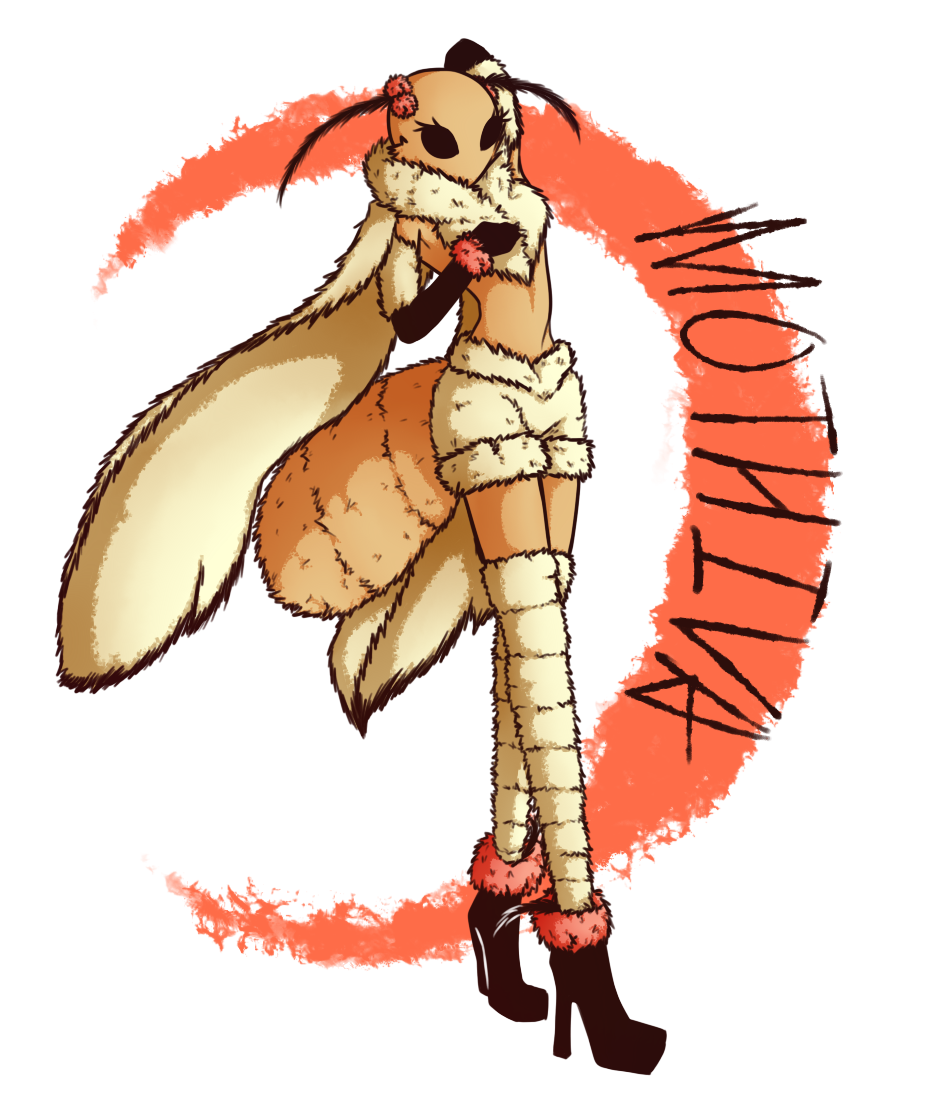 antennae_(anatomy) anthro arthropod biped bug_fables clothing colored compound_eyes english_text eyelashes female footwear fur fuutes_(artist) insect lepidopteran moonsprout_games moth mothiva_(bug_fables) official_art shoes simple_background solo tan_body text white_background white_body white_fur wings
