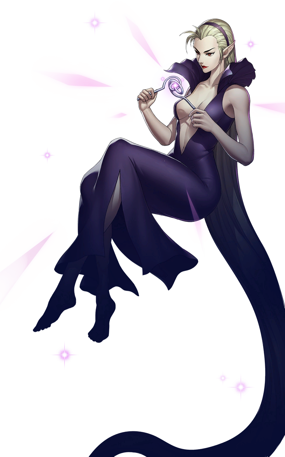 1girl blonde_hair breasts cleavage cleavage_cutout clothing_cutout devil_summoner dress headband highres leanan_sidhe_(megami_tensei) long_dress long_hair persona pointy_ears purple_dress shin_megami_tensei simple_background solo very_long_hair