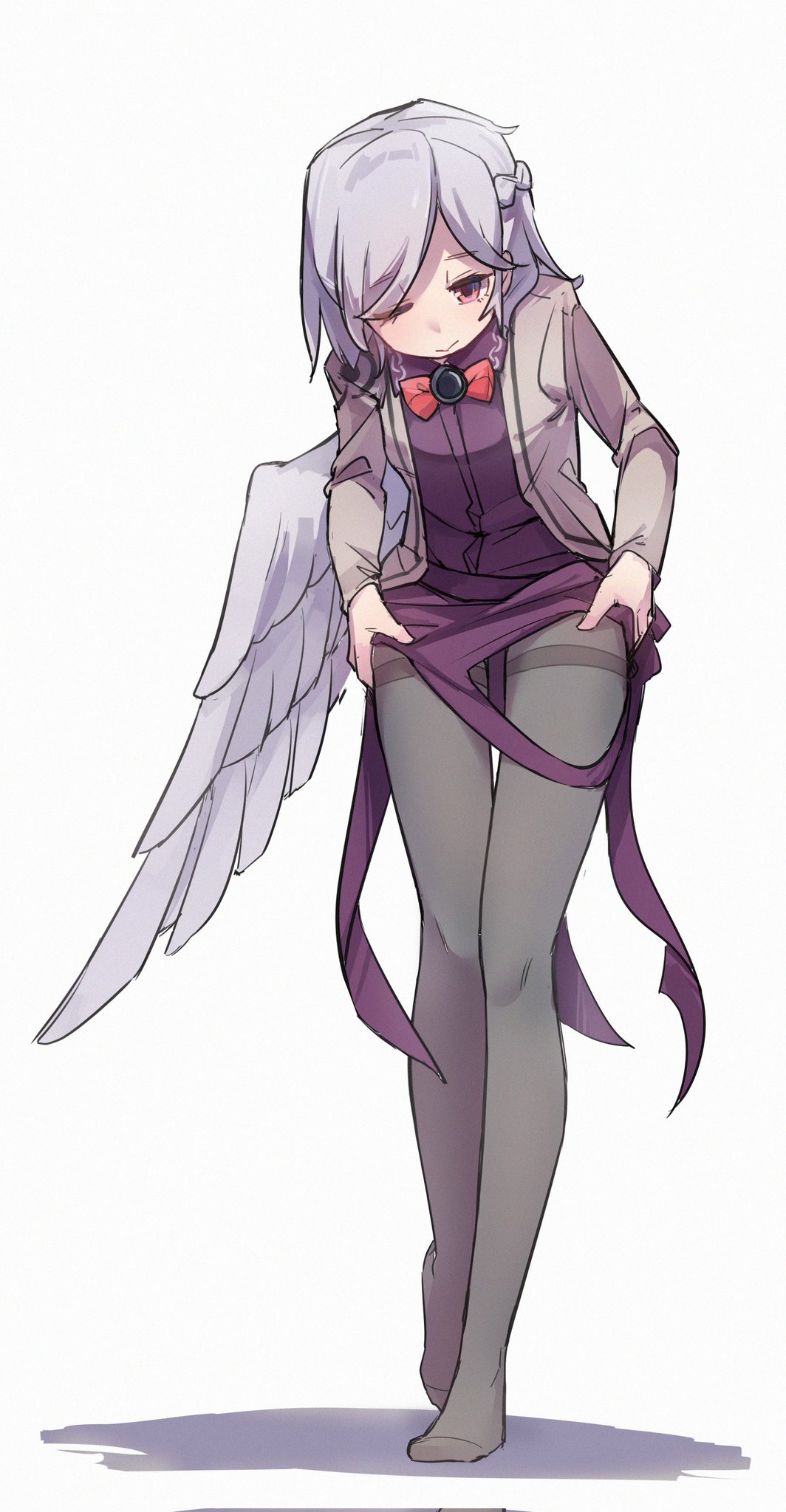 1girl ;) banzi1225 bow bowtie braid closed_mouth commentary dress french_braid full_body grey_background grey_hair grey_wings highres jacket kishin_sagume looking_at_viewer one_eye_closed purple_dress red_bow red_bowtie red_eyes short_hair simple_background smile solo touhou white_background white_jacket wings