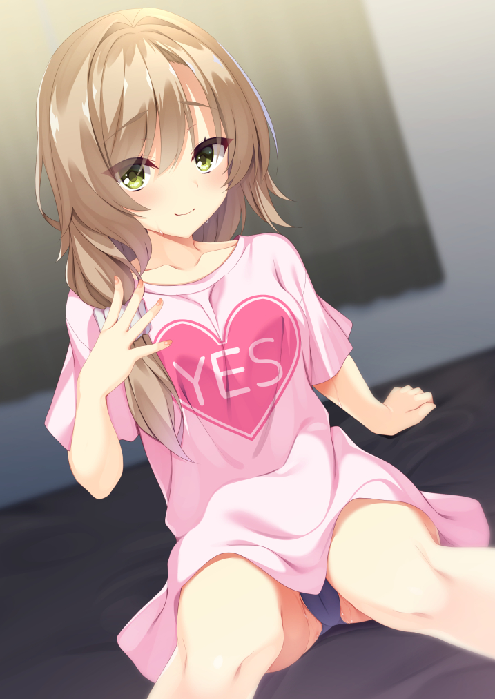 1girl aria. arm_support aroused black_panties blurry blurry_background blush breasts brown_hair cameltoe closed_mouth collarbone commentary_request dutch_angle eyelashes eyes_visible_through_hair fingernails green_eyes hair_between_eyes heart heart_print indoors long_hair looking_at_viewer low_side_ponytail mikuni_sairi on_bed panties pink_skirt pussy_juice short_sleeves shy sitting skirt small_breasts smile solo spiked_hair straight-on sweat tenshi_souzou underwear upturned_eyes wavy_mouth yes