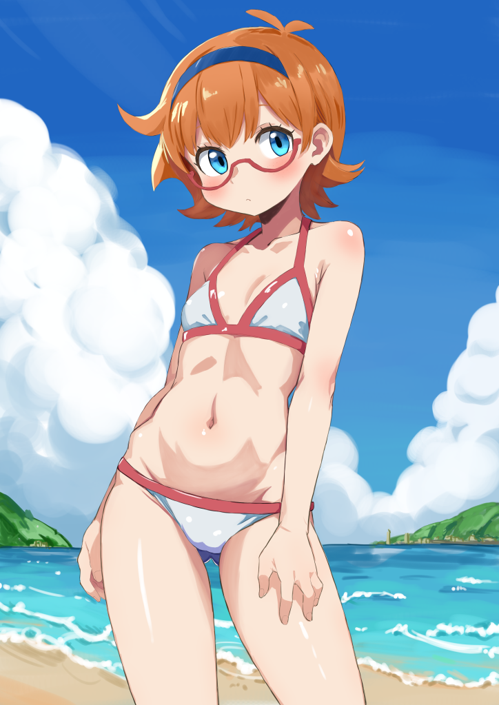 1girl alternate_costume beach bikini blue_eyes blue_hairband blue_sky breasts cloud day domdom glasses hairband little_witch_academia lotte_jansson making-of_available navel ocean orange_hair outdoors sand short_hair sky small_breasts solo swimsuit water white_bikini