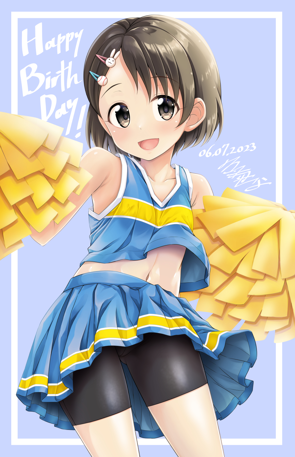 1girl ass_visible_through_thighs bike_shorts bike_shorts_under_skirt black_shorts blue_shirt blue_skirt brown_eyes brown_hair cheerleader dated flo_(guilty_hearts) hair_ornament hairclip happy_birthday highres idolmaster idolmaster_cinderella_girls looking_at_viewer midriff miniskirt navel open_mouth pom_pom_(cheerleading) sasaki_chie shirt short_hair shorts shorts_under_skirt skirt sleeveless sleeveless_shirt smile solo thighs wind wind_lift
