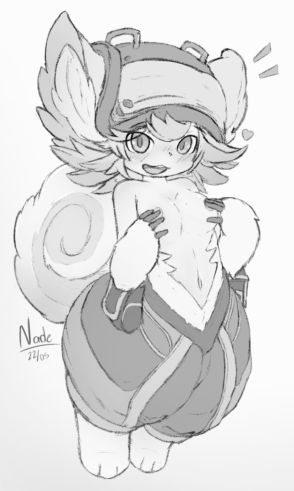 accessory anthro blush bottomwear breasts clothed clothing covering covering_breasts curled_tail female fur greyscale hair headgear hi_res humanoid looking_at_viewer made_in_abyss mammal monochrome multicolored_body multicolored_fur multicolored_hair nade narehate nipples pants simple_background sketch solo squirrel_tail tail topless two_tone_body two_tone_fur two_tone_hair