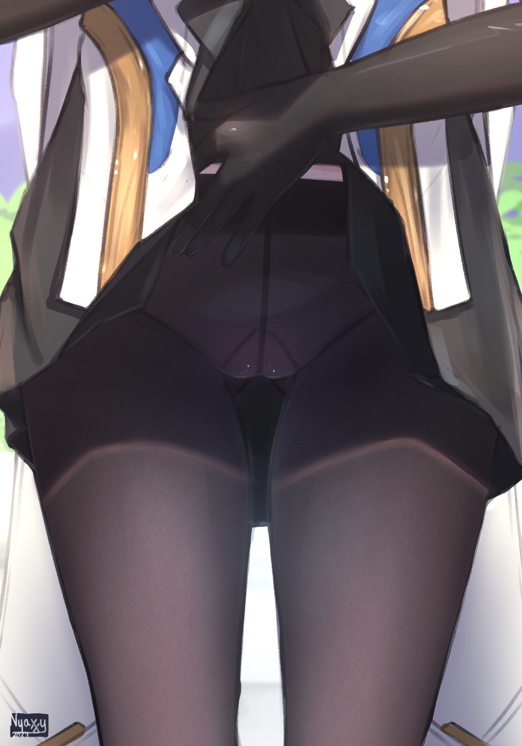 1girl ass_visible_through_thighs black_pantyhose black_skirt close-up clothes_lift highres honkai:_star_rail honkai_(series) lifted_by_self lower_body nyaxxy pantyhose pelageya_sergeyevna skirt skirt_lift solo