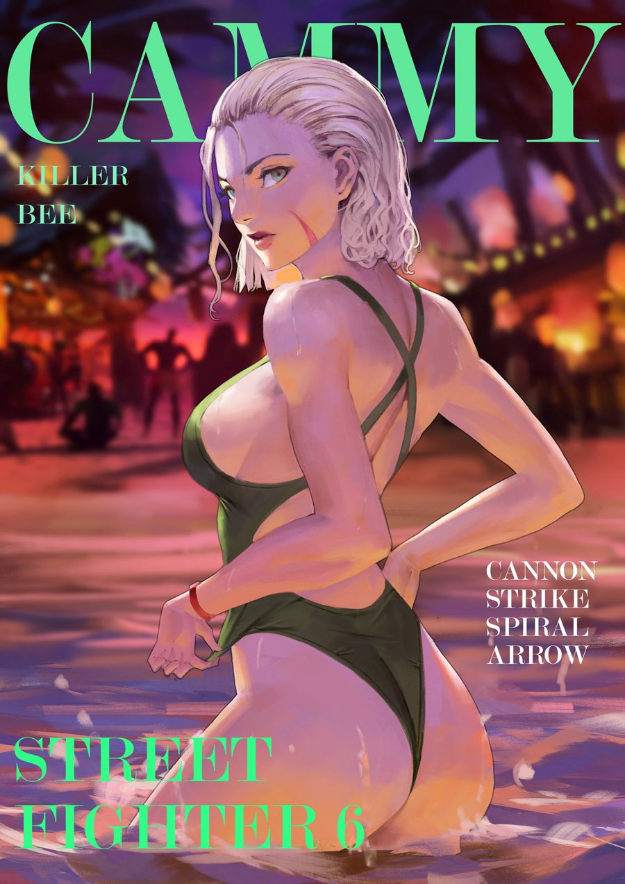 1girl alternate_costume ass back blonde_hair breasts cammy_white character_name copyright_name cover fake_magazine_cover from_behind green_eyes highres lips looking_at_viewer looking_back magazine_cover partially_submerged phamoz scar scar_on_face short_hair sideboob solo street_fighter street_fighter_6 swimsuit wet