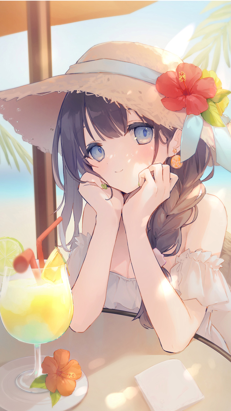 1girl bare_shoulders bendy_straw black_hair blue_eyes braid breasts brown_headwear cleavage closed_mouth commentary_request day dress drinking_straw earrings flower food fruit green_nails hair_over_shoulder hands_up hat hat_flower highres jewelry long_hair looking_at_viewer medium_breasts nail_polish ocean orange_(fruit) orange_slice original outdoors red_flower single_braid smile solo straw_hat suzumori_uina water white_dress