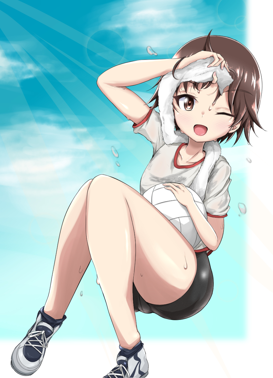 1girl ;d arm_up ball bike_shorts black_shorts blue_sky brown_eyes brown_hair cloud cloudy_sky commentary cross-laced_footwear floating girls_und_panzer gym_shirt gym_uniform highres holding holding_ball holding_towel isobe_noriko knees_up looking_at_viewer naopon918 no_socks one_eye_closed open_mouth outside_border shirt shoes short_hair short_shorts short_sleeves shorts sky smile sneakers solo sweat t-shirt towel towel_around_neck volleyball water_drop white_footwear white_shirt wiping_sweat