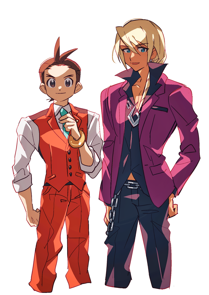 2boys ace_attorney adjusting_clothes adjusting_necktie antenna_hair apollo_justice arm_at_side black_pants black_shirt blonde_hair blue_eyes bracelet breast_pocket brown_eyes brown_hair buttons chain_necklace closed_mouth collared_shirt cropped_legs earrings feet_out_of_frame grgrton hand_on_own_thigh hand_up jacket jewelry klavier_gavin lapel_pin lapels legs_apart looking_at_viewer male_focus medium_hair midriff_peek multiple_boys necklace necktie open_collar pants parted_lips pocket purple_jacket red_pants red_suit red_vest shirt simple_background sleeves_rolled_up smile standing suit suit_jacket swept_bangs vest wallet_chain white_background white_shirt