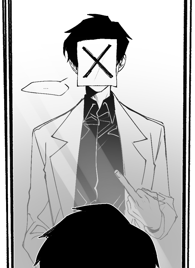 1boy ayin_(project_moon) b_shell black_hair black_shirt coat collared_shirt facing_viewer fingernails lab_coat lobotomy_corporation long_sleeves male_focus middle_finger mirror paper_on_head project_moon reflection shirt solo white_coat wing_collar