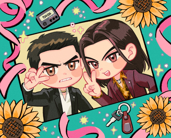 2boys blush_stickers car_keys character_request chibi clenched_teeth flower genandnak long_hair long_sleeves male_focus multiple_boys photo_(object) ryu_ga_gotoku ryuu_ga_gotoku_(series) short_hair suit sunflower teeth thick_eyebrows upper_body v