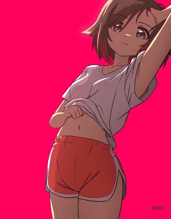 1girl ar_jart arm_up armpits artist_name bike_shorts breasts closed_mouth clothes_lift cowboy_shot gradient_hair grey_eyes hand_in_own_hair leaning leaning_to_the_side lifted_by_self looking_at_viewer midriff midriff_peek multicolored_hair navel pink_background ruby_rose rwby shirt shirt_lift short_hair shorts small_breasts solo thighs white_shirt