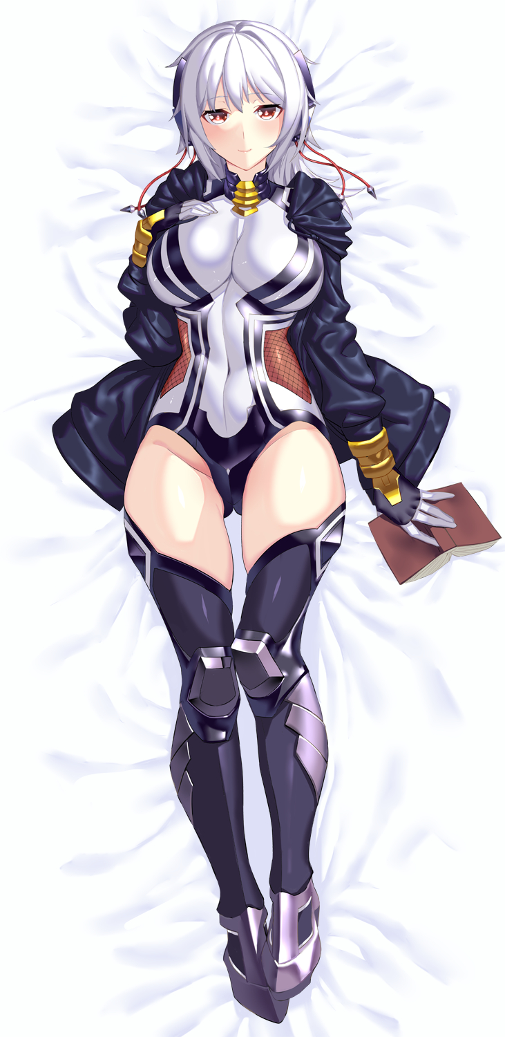 1girl amamiya_shisui bed_sheet blush breasts colored_stripes covered_navel dakimakura_(medium) fishnets from_above full_body gloves highres huge_breasts impossible_clothes impossible_leotard jacket leotard looking_at_viewer lying mckeee ninja on_back shiny_clothes short_hair skin_tight solo striped taimanin_(series) taimanin_rpgx taimanin_suit white_hair