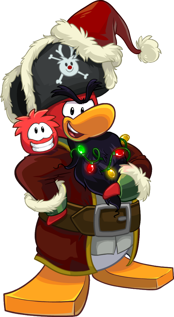 alpha_channel avian beard bird black_hair brown_belt brown_clothing brown_jacket brown_topwear captain_rockhopper christmas christmas_clothing christmas_headwear christmas_lights clothing club_penguin duo facial_hair full-length_portrait fur_trim_headwear grin hair hat headgear headwear holidays jacket jolly_rodger male official_art open_mouth penguin pirate_hat portrait puffle santa_hat shirt smile teeth topwear unknown_artist upper_teeth white_clothing white_shirt white_topwear