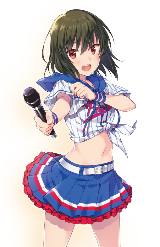 1girl belt blue_skirt blue_wristband blush breasts cowboy_shot frilled_skirt frills green_hair hands_up holding holding_microphone idolmaster idolmaster_million_live! idolmaster_million_live!_theater_days looking_at_viewer microphone midriff miniskirt nagayoshi_subaru navel open_mouth pleated_skirt print_shirt red_eyes shirt short_hair short_sleeves simple_background skirt sleeve_pull small_breasts smile solo standing striped striped_shirt striped_wristband suggeee486 teeth text_print tied_shirt upper_teeth_only white_background white_belt white_shirt