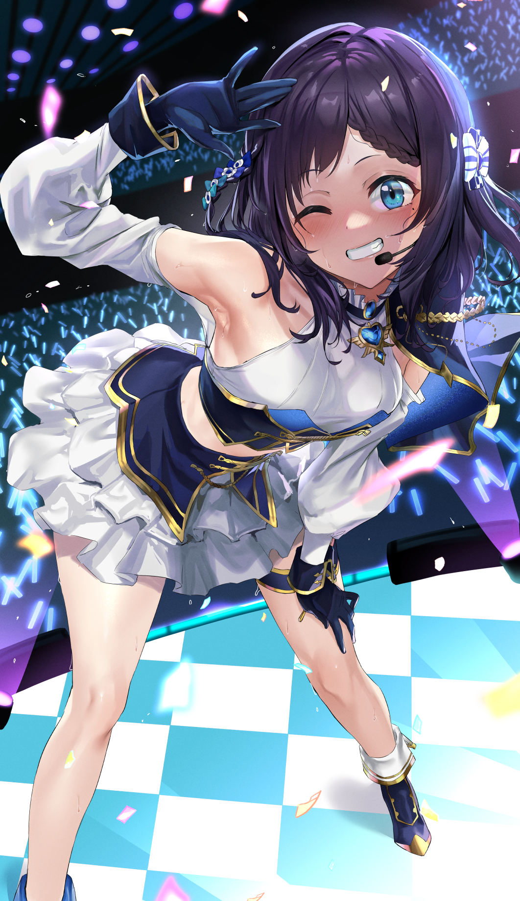 1girl ;) aiba_uiha ankle_boots arm_up armpits black_footwear black_gloves black_hair blue_eyes blurry blurry_background boots bow braid braided_bangs commentary_request crop_top crowd detached_sleeves gloves glowstick grin hair_bow hand_on_own_thigh highres idol idol_clothes indoors layered_skirt leaning_forward long_hair looking_at_viewer microphone midriff mole mole_under_eye nijisanji one_eye_closed pendant_choker sanuki_(kyoudashya) skirt smile solo_focus stadium thigh_strap virtual_youtuber white_bow white_skirt