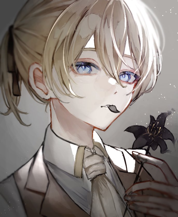 1boy aku_no_meshitsukai_(vocaloid) allen_avadonia ascot black_flower black_ribbon blonde_hair blue_eyes collared_shirt evillious_nendaiki flower hair_ribbon holding holding_flower kagaku_o kagamine_len light_particles mouth_hold petal_in_mouth ribbon shirt short_ponytail sideways_glance sleeveless_blazer solo vocaloid yellow_ascot