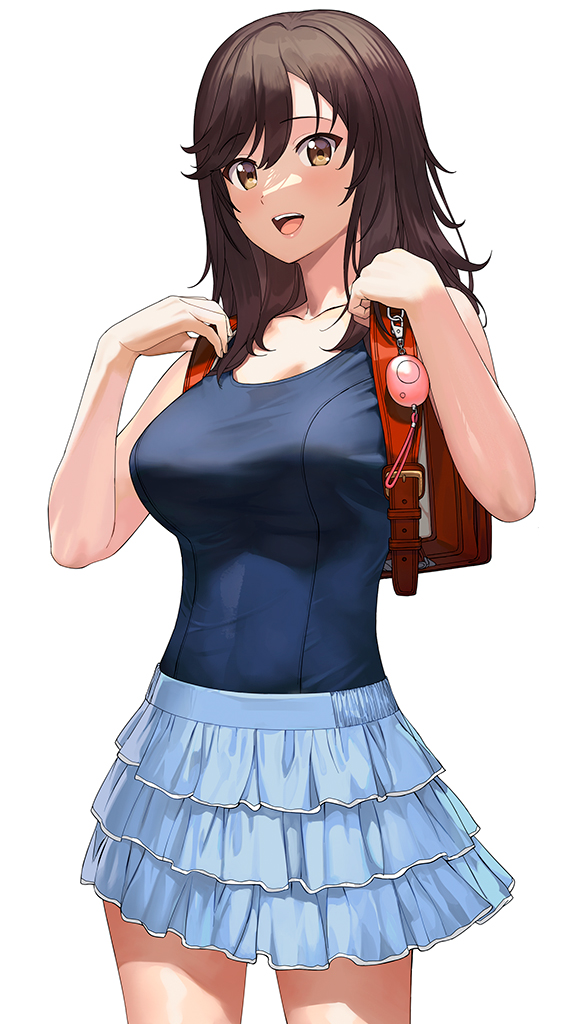 1girl a1 backpack bag blue_one-piece_swimsuit blush breasts brown_eyes brown_hair frilled_skirt frills ichijou_hotaru long_hair looking_at_viewer medium_breasts non_non_biyori one-piece_swimsuit open_mouth randoseru school_swimsuit simple_background skirt solo standing swimsuit swimsuit_under_clothes white_background
