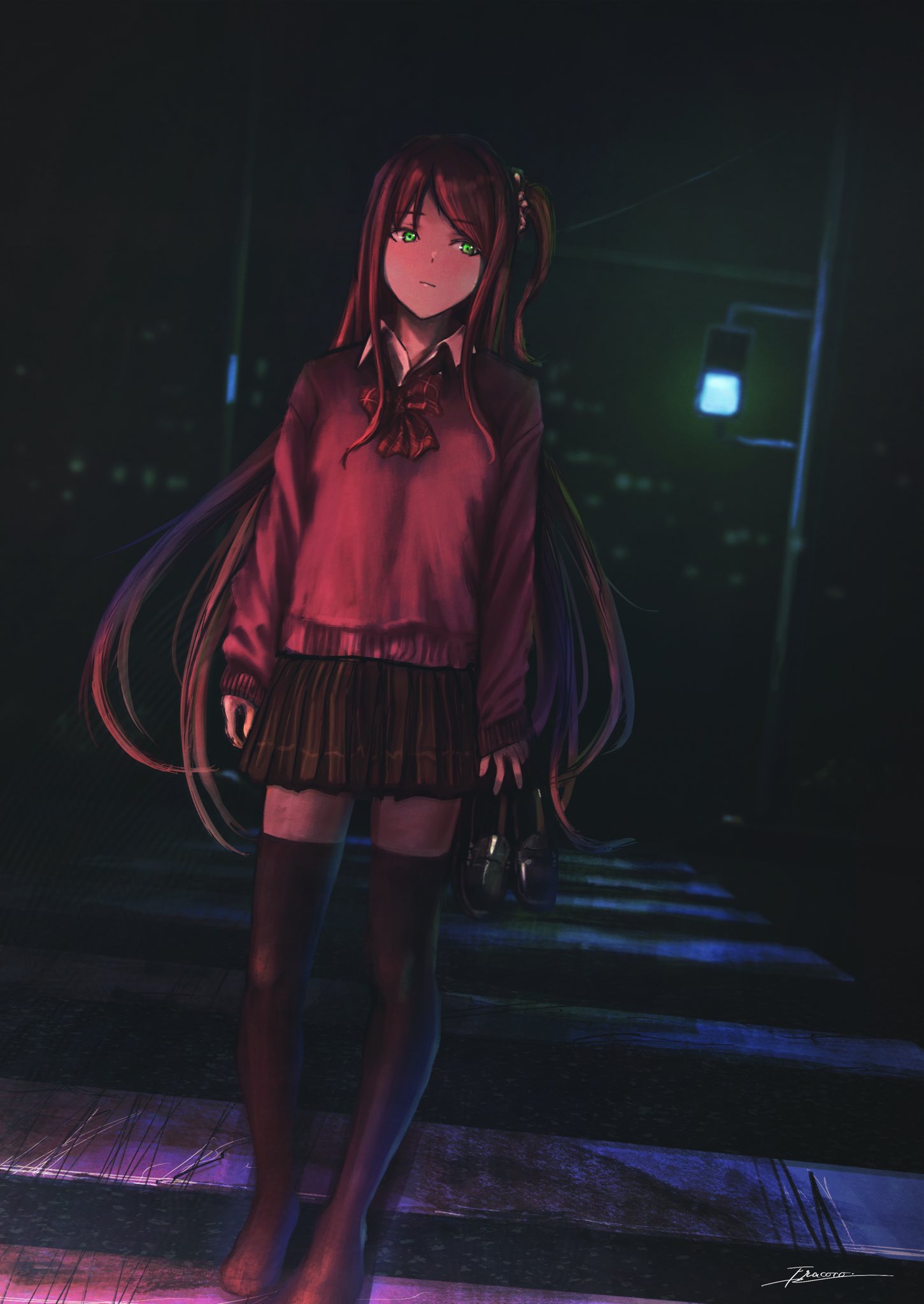 1girl akabane_youko black_skirt black_thighhighs brown_hair closed_mouth collared_shirt commentary crosswalk fracoco full_body glowing glowing_eyes green_eyes hair_ornament hair_scrunchie highres holding holding_shoes loafers long_hair long_sleeves necktie night nijisanji no_shoes one_side_up pink_sweater pleated_skirt red_necktie scrunchie shirt shoes sidelocks signature skirt solo standing sweater thighhighs traffic_light very_long_hair virtual_youtuber white_shirt zettai_ryouiki