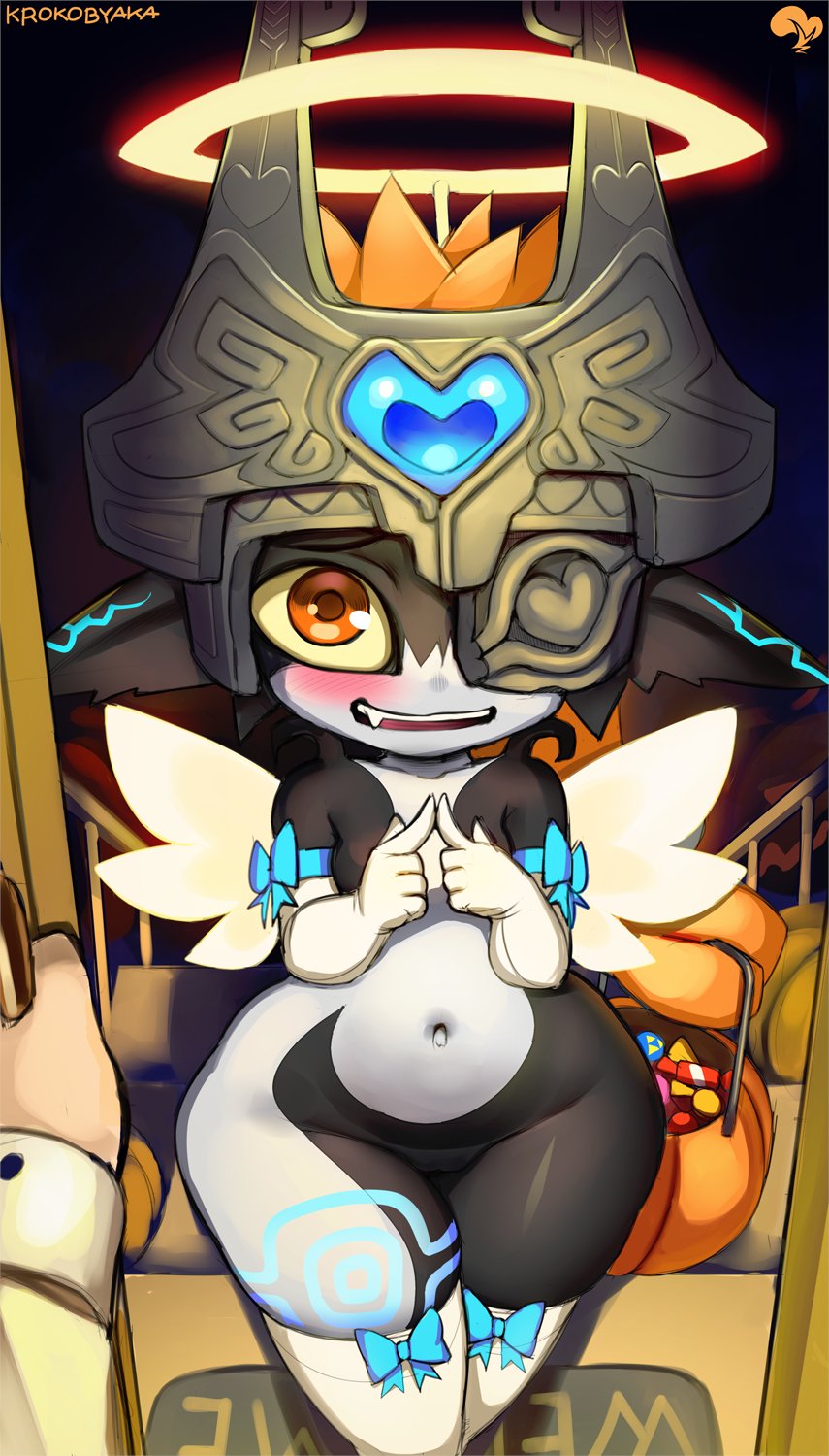 angel_costume barely_visible_genitalia barely_visible_pussy breasts clothing costume fake_wings female genitals halloween halo hi_res holidays humanoid krokobyaka legwear looking_at_viewer midna navel nintendo not_furry offscreen_character pear-shaped_figure pussy short_stack small_breasts small_waist solo the_legend_of_zelda thick_thighs thigh_highs twili twilight_princess wide_hips