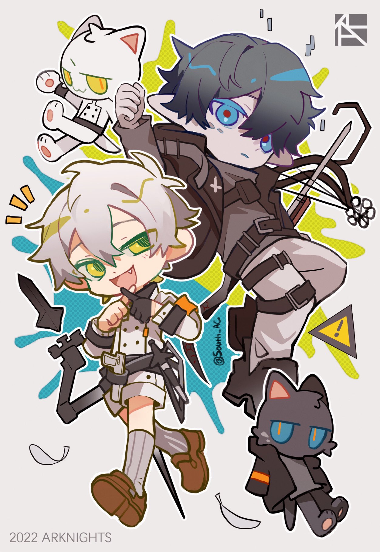 2boys animalization arknights armband black_footwear black_gloves black_jacket blue_eyes blue_hair boots brown_footwear cat closed_mouth crossbow crossed_fingers dagger fang faust_(arknights) feathers gloves green_eyes grey_sweater highres jacket knife mephisto_(arknights) multiple_boys open_mouth pale_skin pants pointy_ears scales sheath sheathed shoes single_glove smile snake_tail socks south_ac sweater tail turtleneck turtleneck_sweater weapon white_hair white_jacket white_pants white_socks