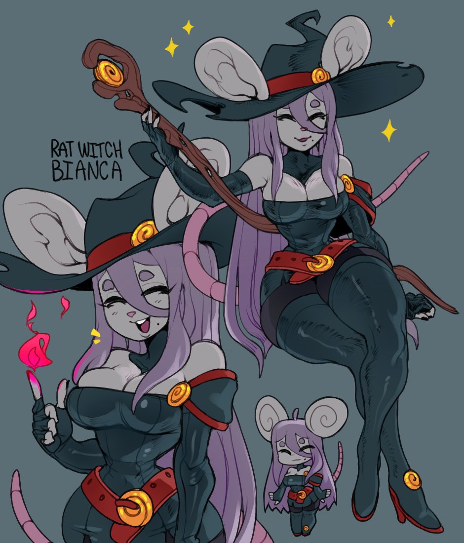 anthro bianca_(cibastion) big_breasts big_ears breasts chibi cibastion cleavage clothed clothing eyes_closed female fire fur grey_body grey_fur hair hat headgear headwear huge_thighs long_hair magic mammal murid murine open_mouth purple_hair rat rodent simple_background smile solo sparkles staff tail teeth text thick_thighs wide_hips witch_costume witch_hat