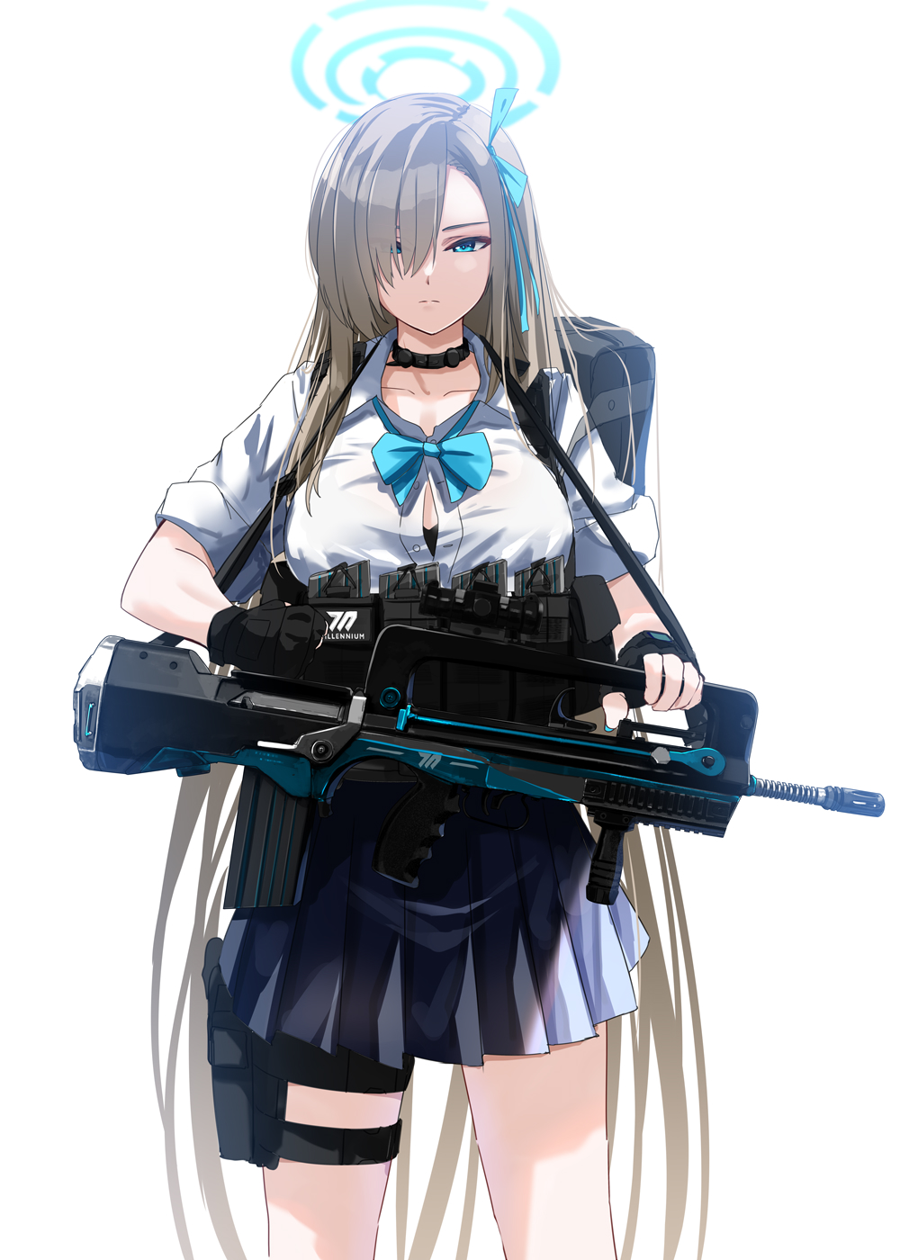 1girl assault_rifle asuna_(blue_archive) blonde_hair blue_archive blue_eyes blue_necktie blue_skirt breasts bullpup famas gun highres holding holding_weapon looking_at_viewer necktie rifle school_uniform serious shirt short_sleeves skirt solo suzuki-shi weapon white_background white_shirt