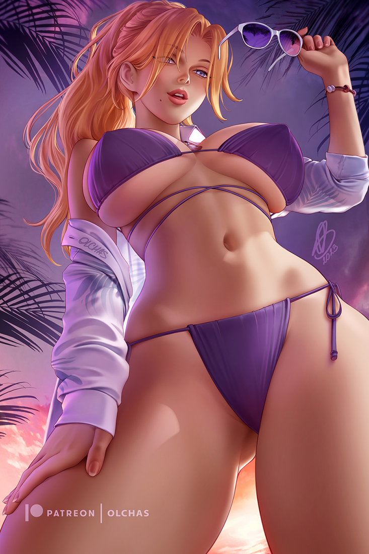 1girl ass_visible_through_thighs bikini bleach blonde_hair blue_eyes breasts english_commentary eyes_visible_through_hair eyewear_removed from_below huge_breasts lips long_hair looking_at_viewer matsumoto_rangiku mole mole_under_mouth navel olchas open_clothes open_mouth open_shirt palm_tree purple_bikini side-tie_bikini_bottom solo sunglasses sunset swimsuit tree watermark