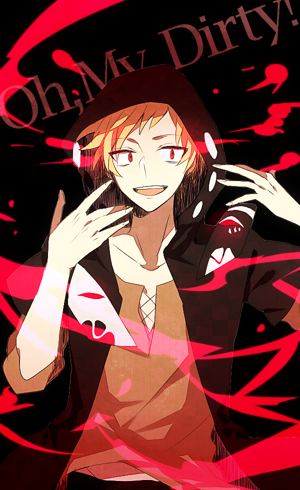 1boy ambiguous_red_liquid black_background black_hoodie broken_mask brown_shirt casual circle colored_text commentary_request cross-laced_clothes cross-laced_slit dark_background english_text fingernails hood hood_up hoodie kagerou_project kano_shuuya light_brown_hair looking_at_viewer male_focus mask notched_neckline open_mouth print_hoodie red_eyes shirt short_bangs short_hair short_sleeves sleeves_past_elbows slit_pupils solo t-shirt teeth tsuki_miyabi tsurime upper_body upper_teeth_only yobanashi_deceive_(vocaloid)