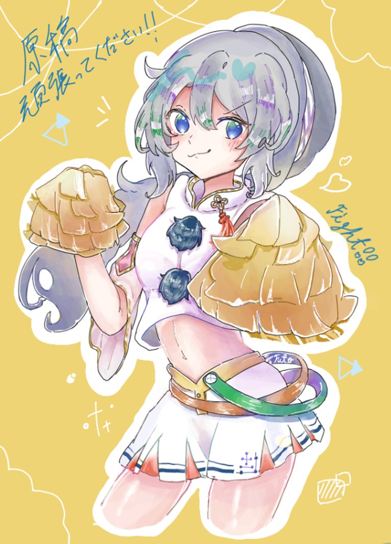 1girl adapted_costume blue_eyes cheerleader closed_mouth commentary_request crop_top grey_hair heart holding holding_pom_poms long_sleeves looking_at_viewer mononobe_no_futo navel nek0rin_parme outline pom_pom_(cheerleading) pom_pom_(clothes) ponytail simple_background skirt solo touhou translation_request white_outline white_skirt yellow_background