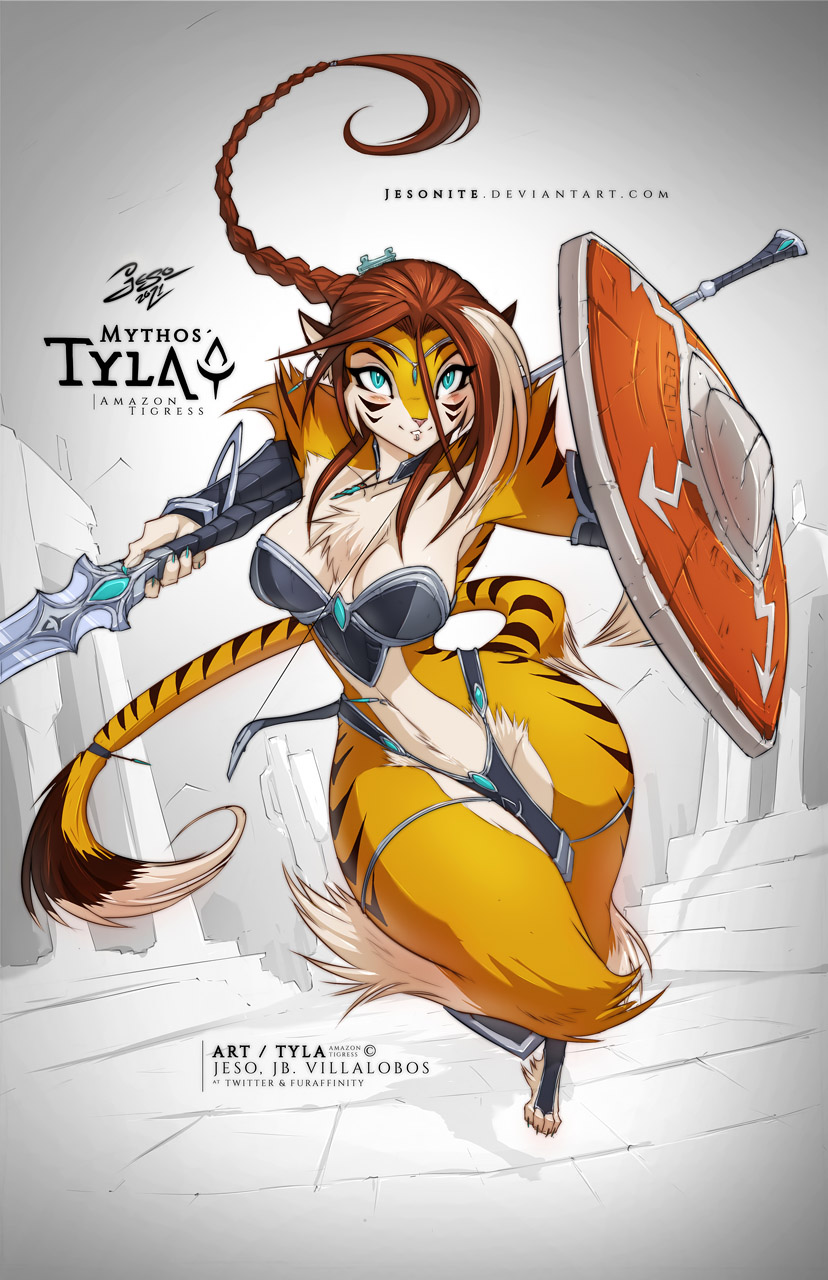 anthro armor bow_(weapon) breasts brown_hair chest_tuft countershade_torso countershading felid female fur hair hi_res jesonite mammal melee_weapon orange_body orange_fur pantherine ranged_weapon shield solo stripes text tiger tuft tyla_(jesonite) unconvincing_armor weapon