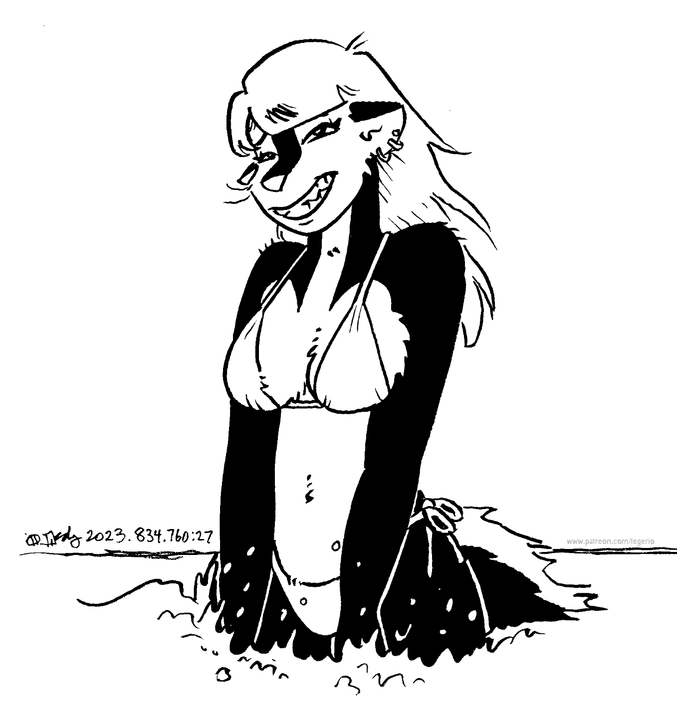 2023 anthro bikini black_and_white breasts clenched_teeth clothed clothing ear_piercing ear_ring female fur hair half-closed_eyes hi_res kelly_o'dor mammal mephitid midriff monochrome narrowed_eyes navel partially_submerged piercing ring_piercing skunk solo swimwear tail teeth tegerio water whiskers zandar's_saga